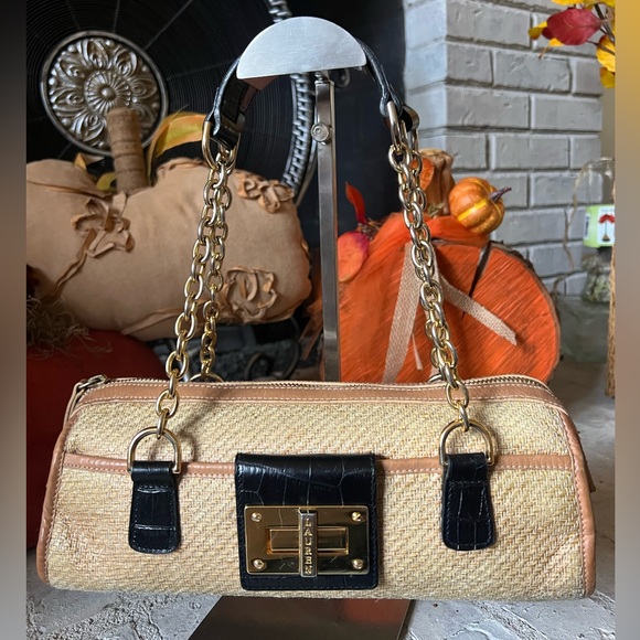 Ralph Lauren Vintage Rare Rafia & Croc Embossed Leather Chain Strap Shoulder Bag - Picture 2 of 13